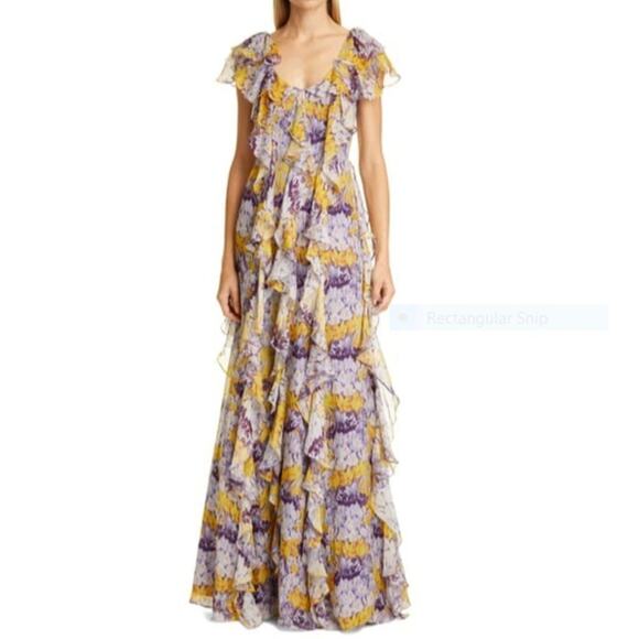 Flor et al Valles Floral Silk Chiffon Gown Ruffle Maxi Dress 100% silk size 2 - Picture 1 of 16